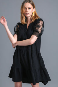 Tiered Crinkle Mesh Sleeve Dress | Black