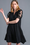 Tiered Crinkle Mesh Sleeve Dress | Black