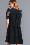 Tiered Crinkle Mesh Sleeve Dress | Black