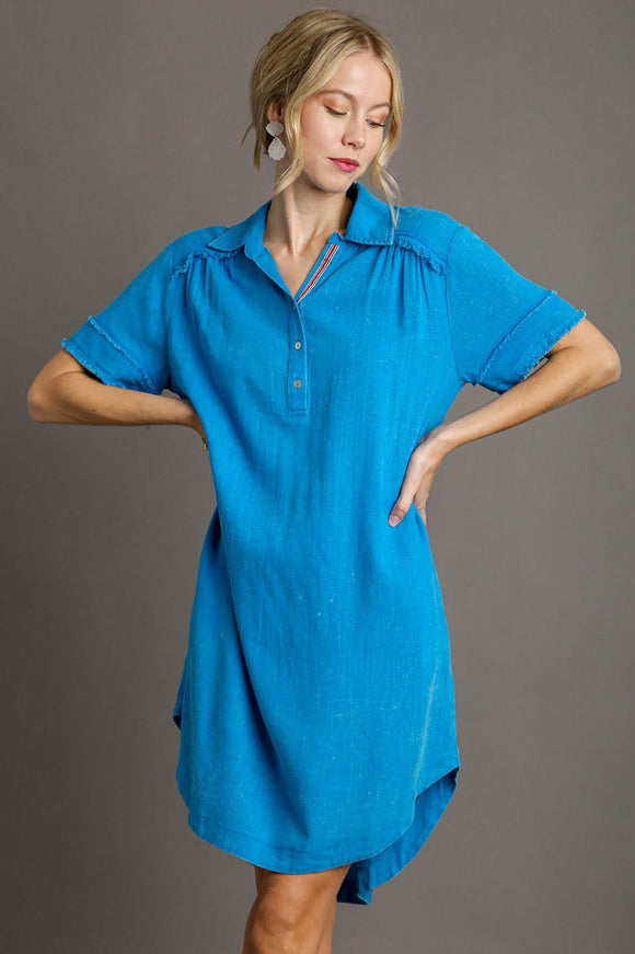 Linen Collared Dress | Aqua