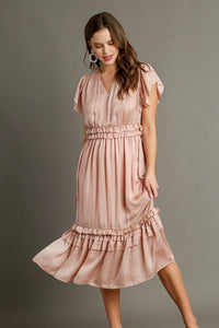 Ruffle Trim Satin Midi Dress | Blush