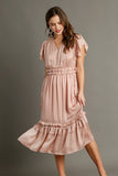 Ruffle Trim Satin Midi Dress | Blush