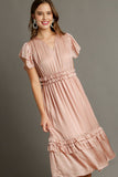 Ruffle Trim Satin Midi Dress | Blush