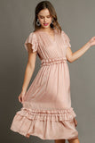Ruffle Trim Satin Midi Dress | Blush