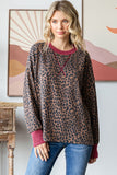 Leopard Ribbed Pullover Top | Burgundy Trim