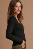 Square Neck Fitted Knit Top | Black