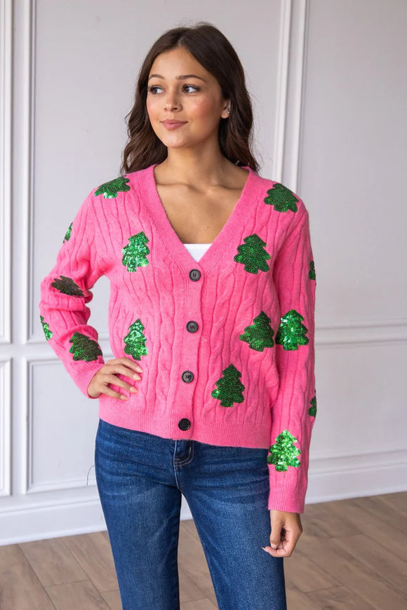 Sequin Tree Christmas Cardigan | Pink