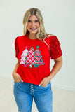 Christmas Tree Velvet Sequin Sleeve Top | Red