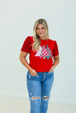 Christmas Tree Velvet Sequin Sleeve Top | Red