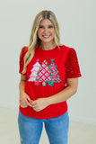 Christmas Tree Velvet Sequin Sleeve Top | Red