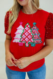 Christmas Tree Velvet Sequin Sleeve Top | Red