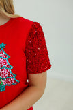 Christmas Tree Velvet Sequin Sleeve Top | Red