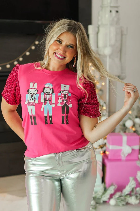 Nutcracker Velvet Sequin Sleeve Top | Fuchsia