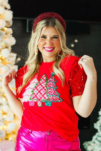 Christmas Tree Velvet Sequin Sleeve Top | Red