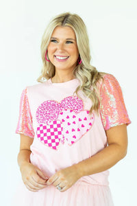 Three Sweet Heart Sparkle Top | Pink