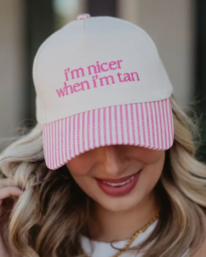 I'm Nicer When I'm Tan Striped Trucker Cap | Pink