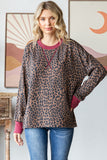 Leopard Ribbed Pullover Top | Burgundy Trim