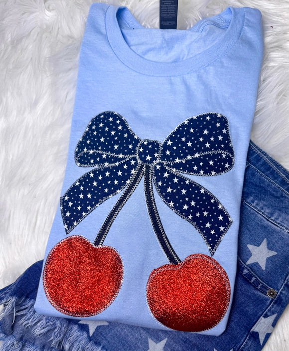 Sequin Cherries Bow Patriotic Embroidered Tee | Light Blue
