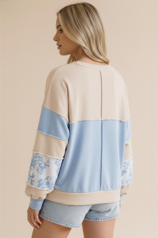 French Terry Floral Color Block Top | Cream/Blue