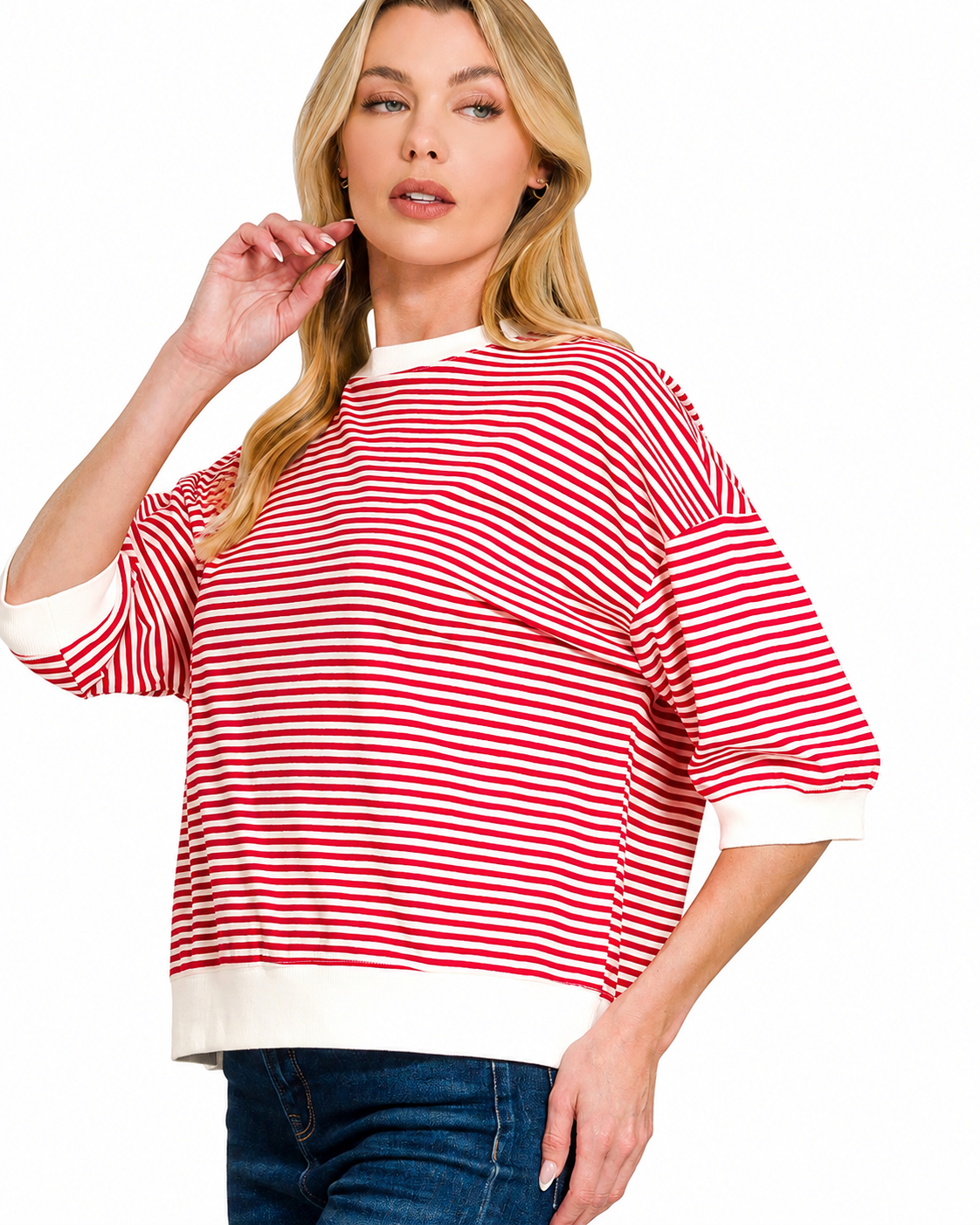 Striped Rib Banded Top | Red