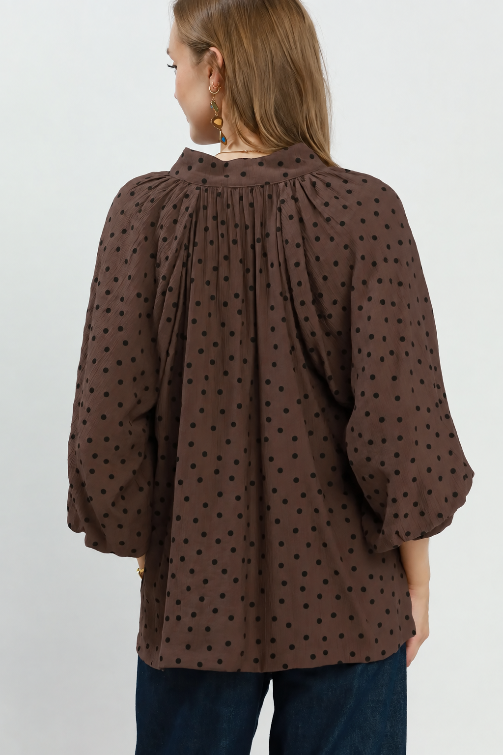 Textured Polka Dot 3/4 Puff Sleeve Top | Chocolate