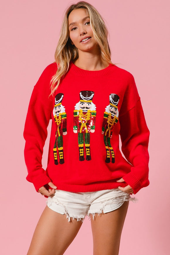 Sequin Nutcrackers Sweater Top | Red