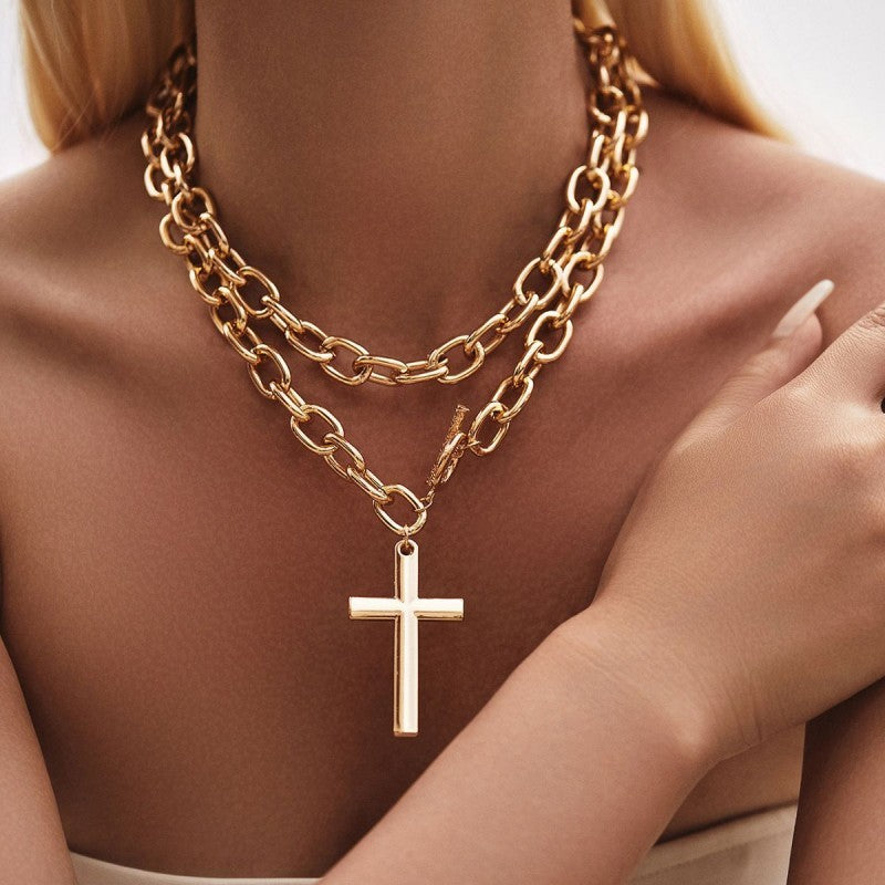 Puffy Cross Chunky Chain Statement Necklace | Gold