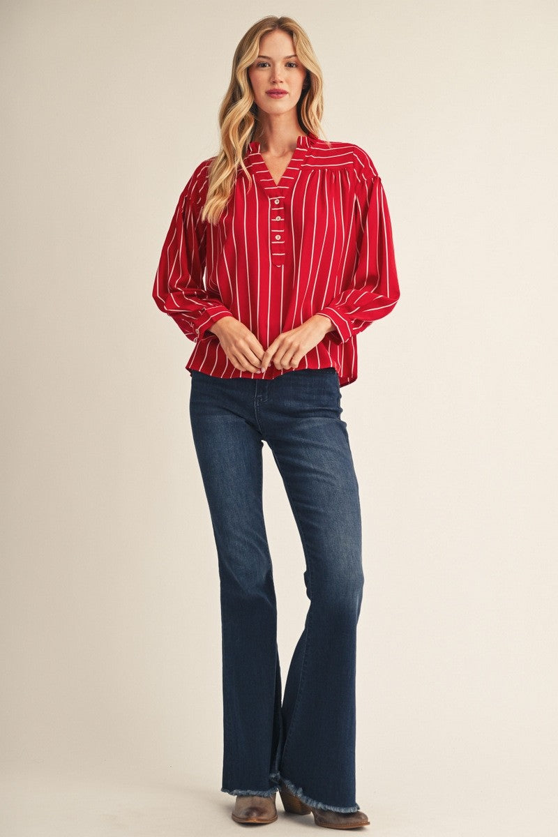 Ruffled Neckline Striped Button Top | Red