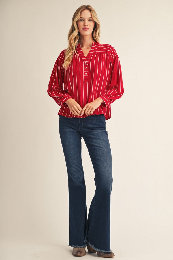 Ruffled Neckline Striped Button Top | Red