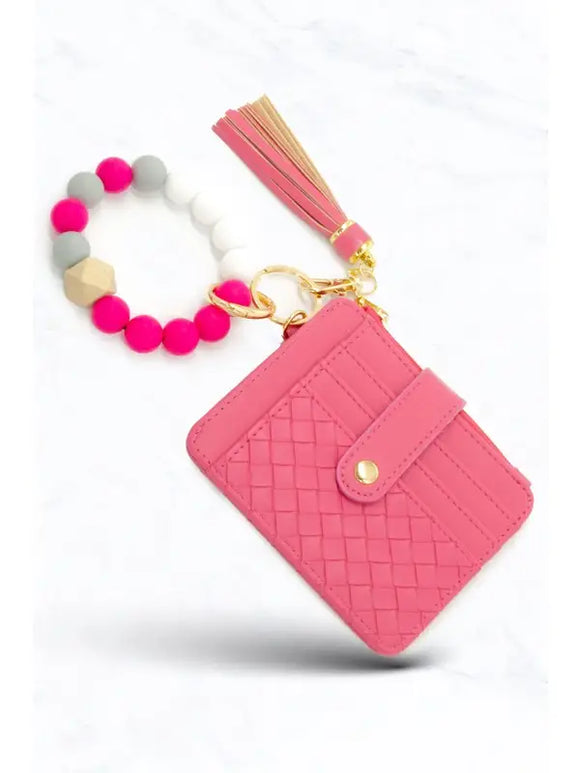 Weave Wallet+Silicone Stretch Keychain Bangle | Pink