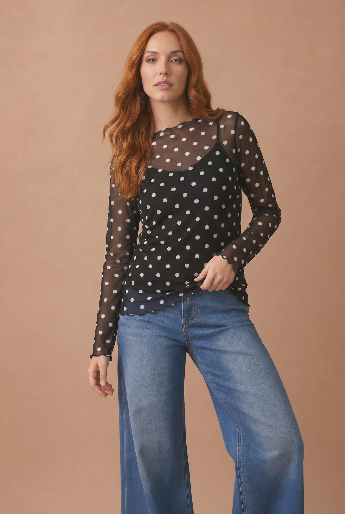Polka Dot Mesh Sheer Top | Black