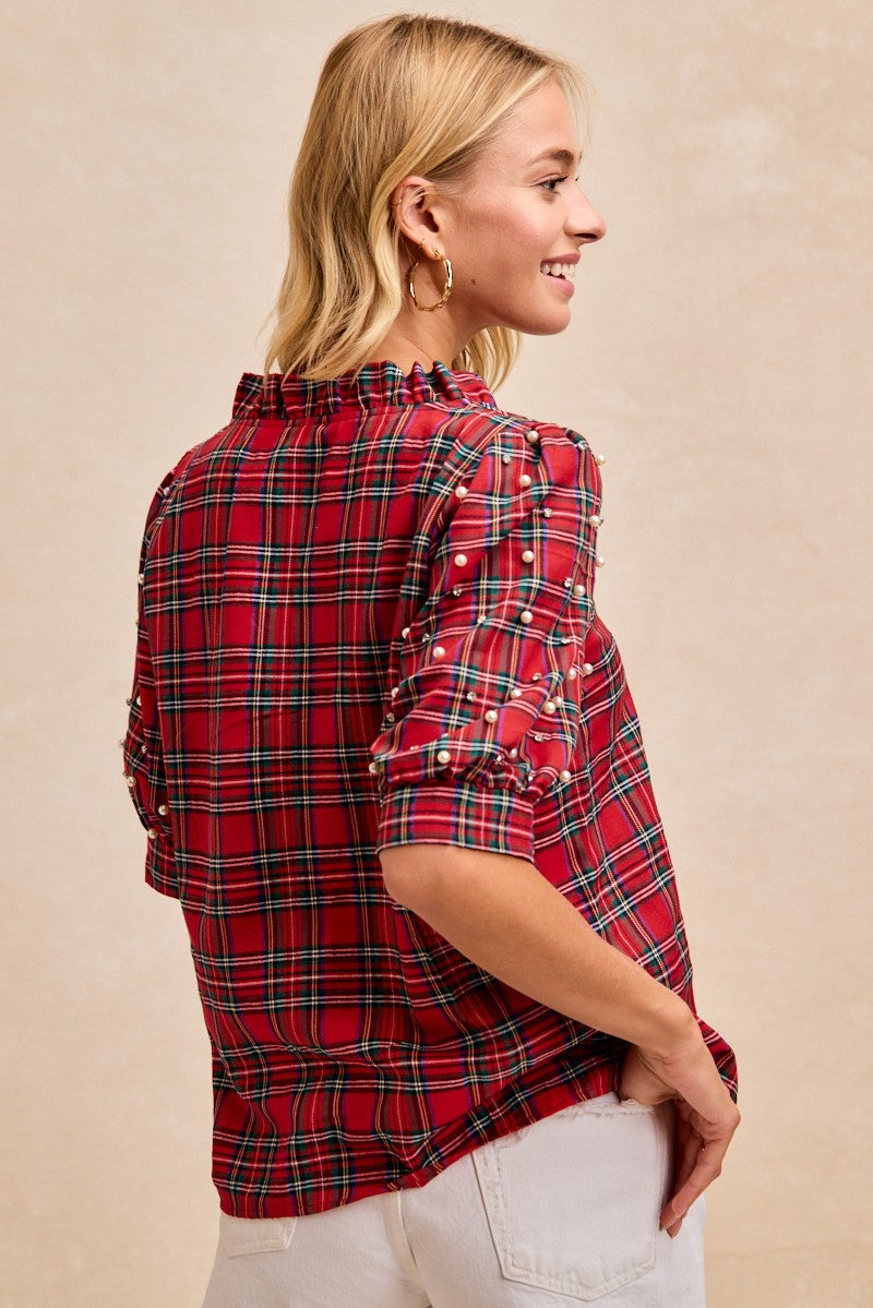 Christmas Plaid Pearl Accent Top | Red