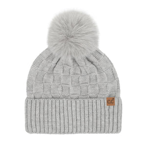 C.C. Checkered Pom Beanie | Light Grey