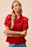 Velvet Pearl Ruffled Front Tie Top | Red