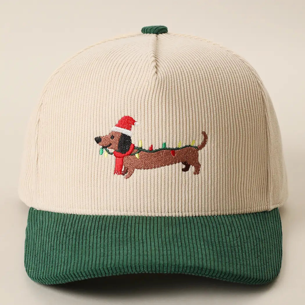 Christmas Dachshund Corduroy Cap | Green
