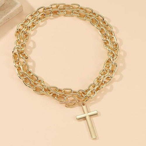 Puffy Cross Chunky Chain Statement Necklace | Gold