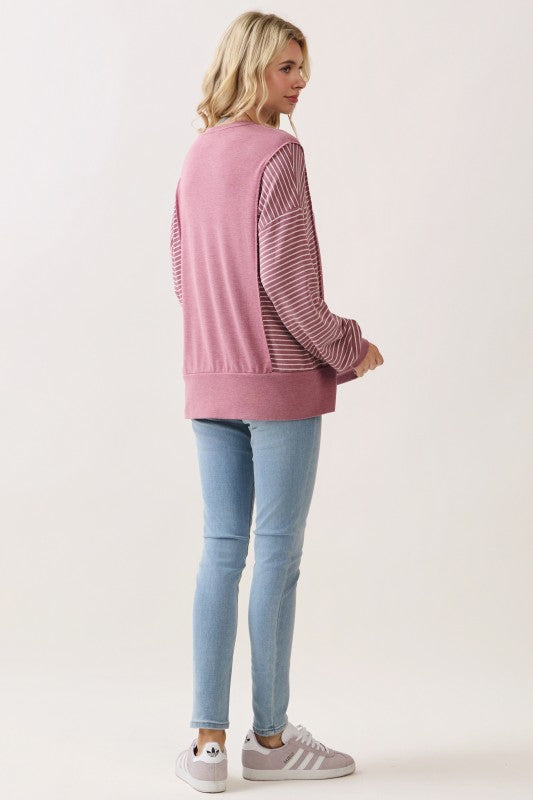 Stripe Contrast Pullover Top | Vintage Marsala