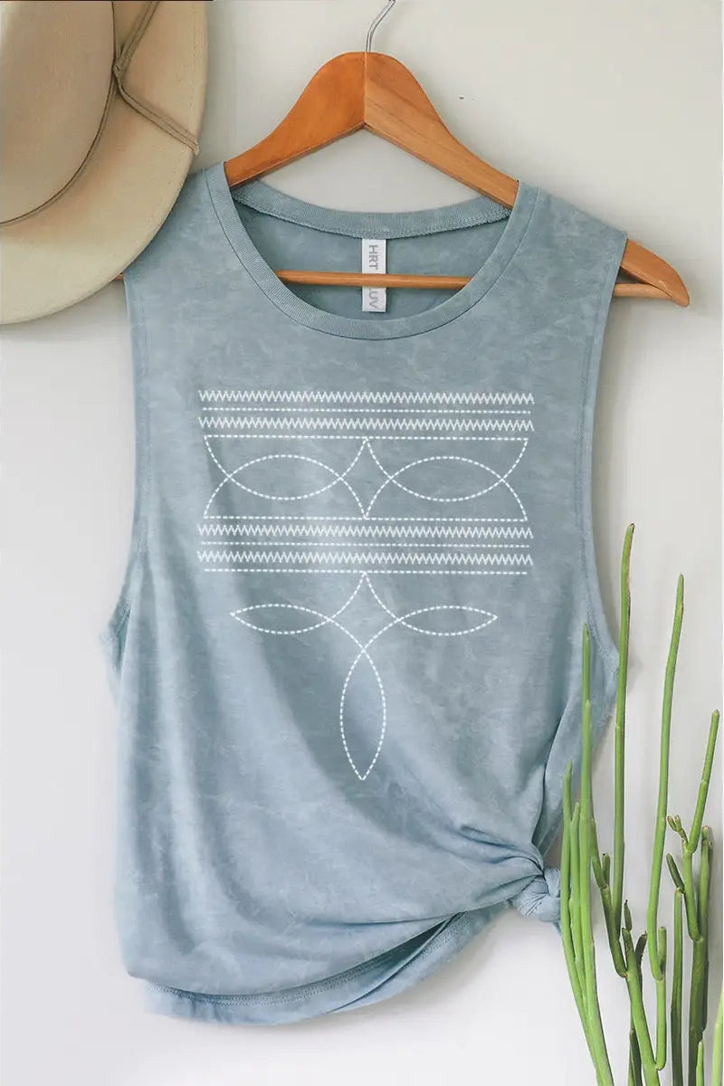 Cowboy Boots Stitched Tank Top | Vintage Mineral Blue