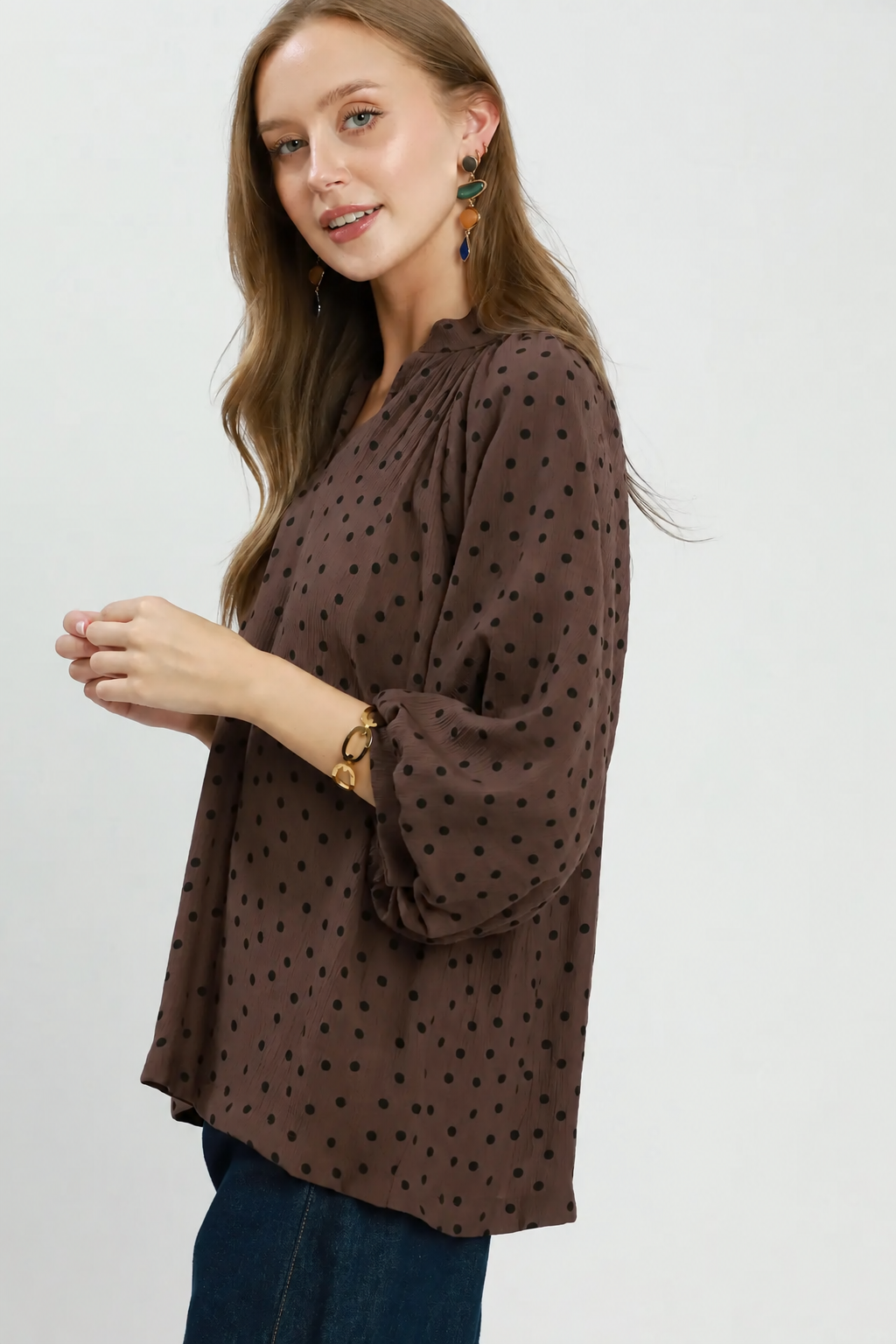 Textured Polka Dot 3/4 Puff Sleeve Top | Chocolate