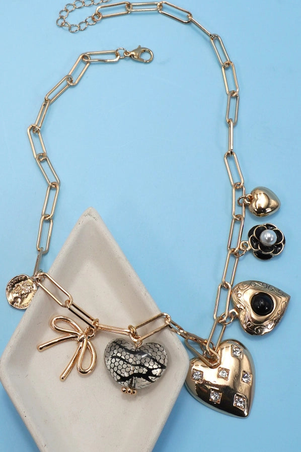 Gold Charm Necklace | Flower Bow Heart Locket