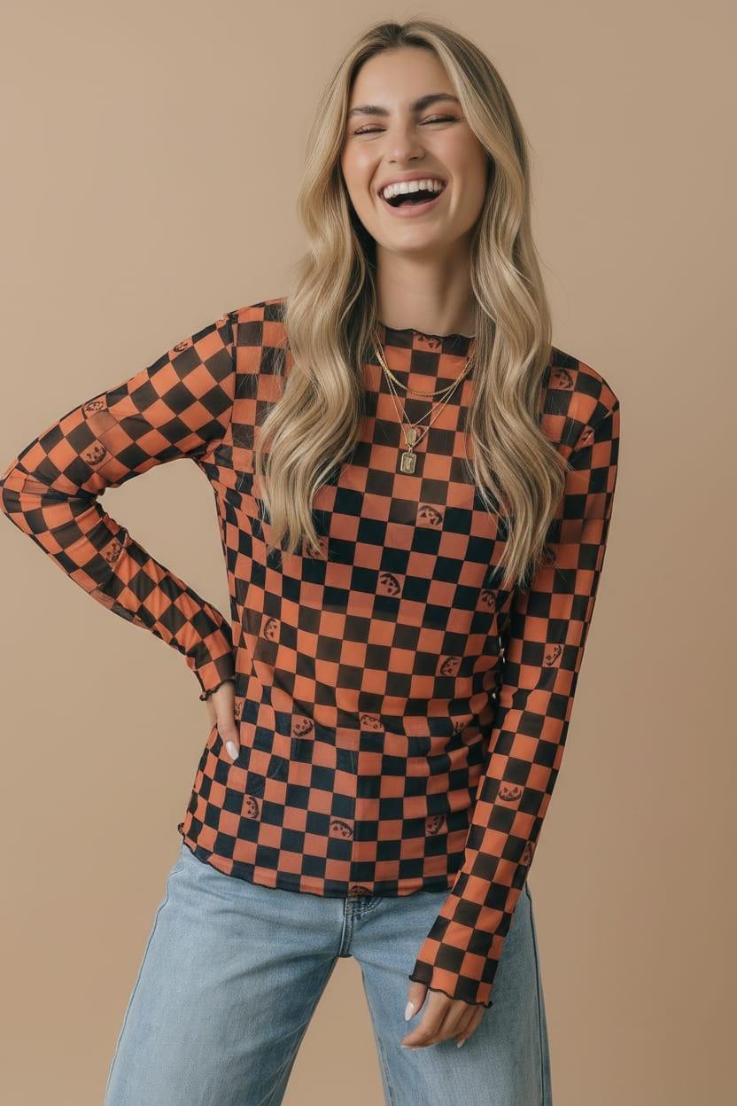 Halloween Pumpkin Checker Mesh Sheer Top | Orange/Black