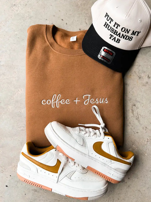 Coffee + Jesus Embroidered Sweatshirt | Pecan