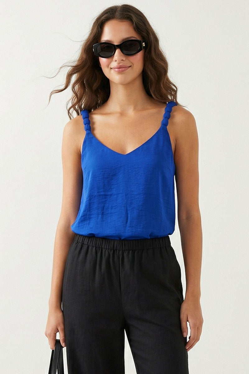 Silky Bubble Puff Strap Detail Tank Top | Capri Blue