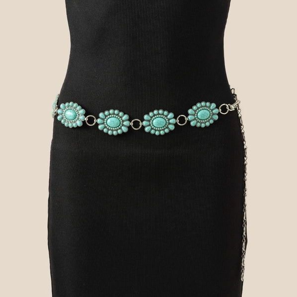 Western Stone Bead Concho Belt | Turquoise/Silver