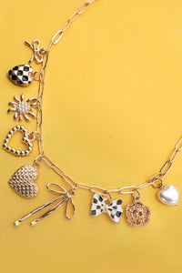 Gold Charm Necklace | Bow Checker Heart