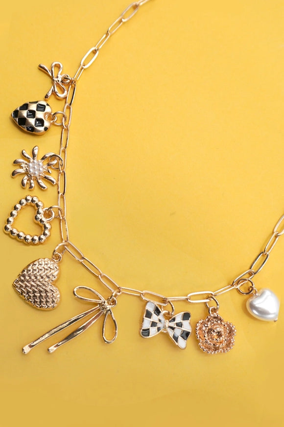Gold Charm Necklace | Bow Checker Heart