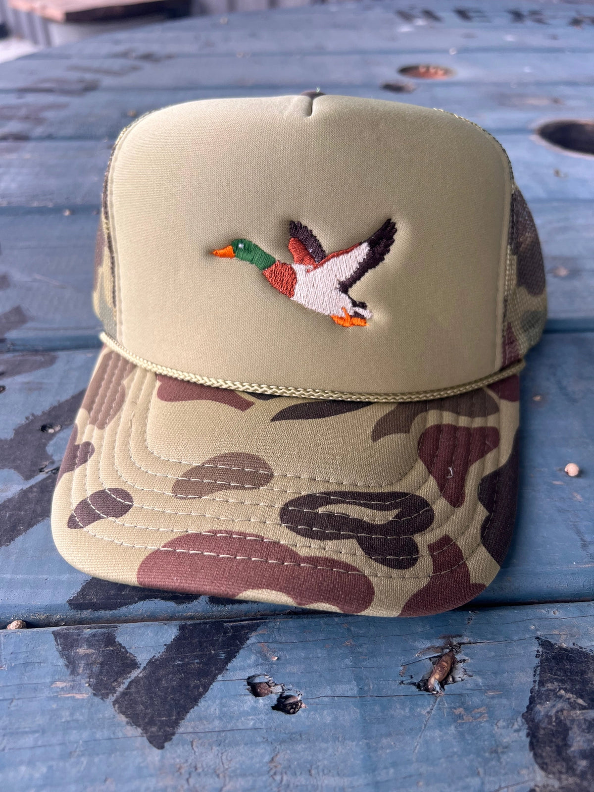 Mallard Duck Embroidered Foam Trucker Cap | Camo/Olive