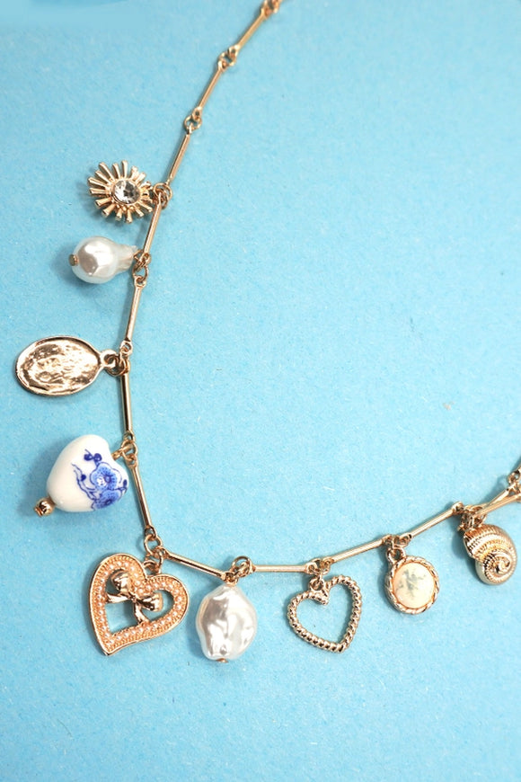 Gold Charm Necklace | Blue Ceramic Porcelain Heart Pearl