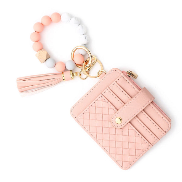 Weave Wallet+Silicone Stretch Keychain Bangle | Light Pink