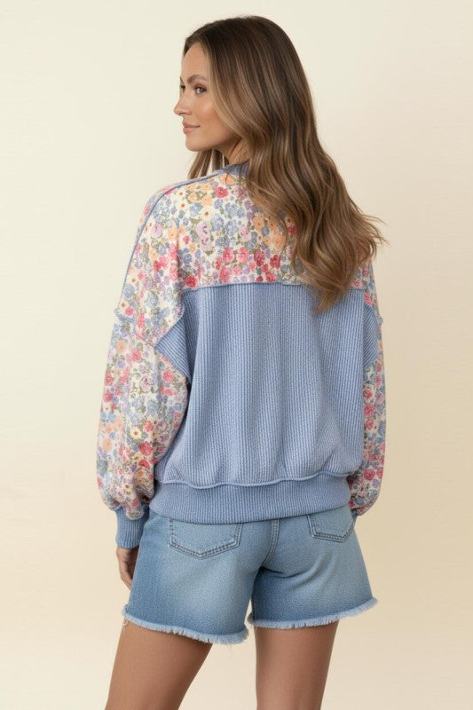 French Terry Floral Top | Blue